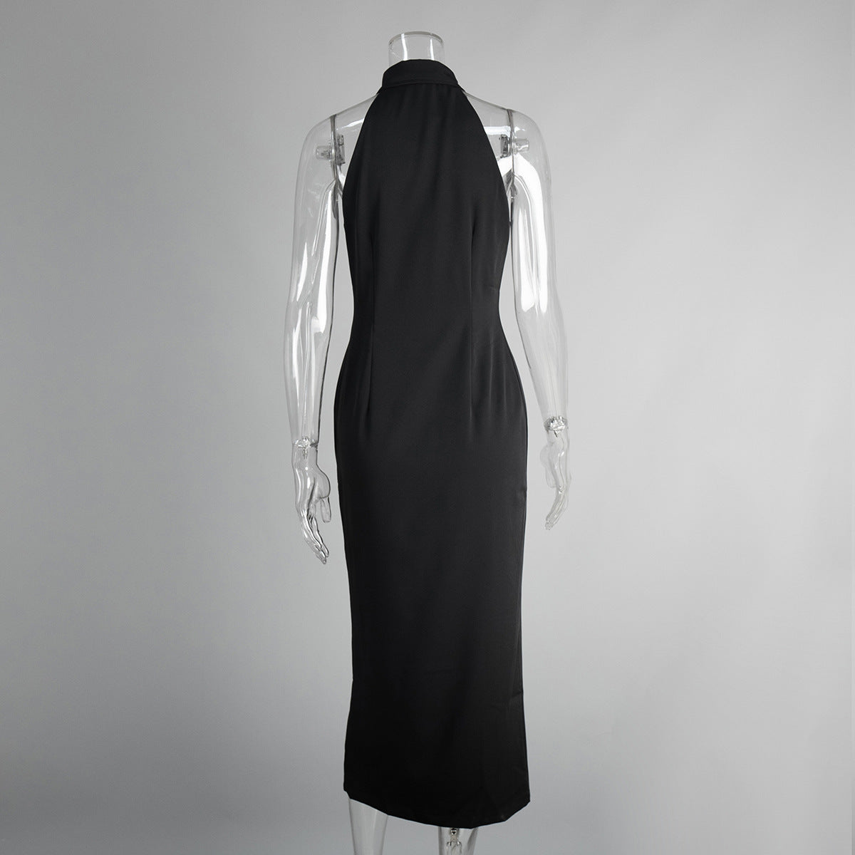 Sleeveless Button-Front Collared Maxi Dress in Black — back view on mannequin