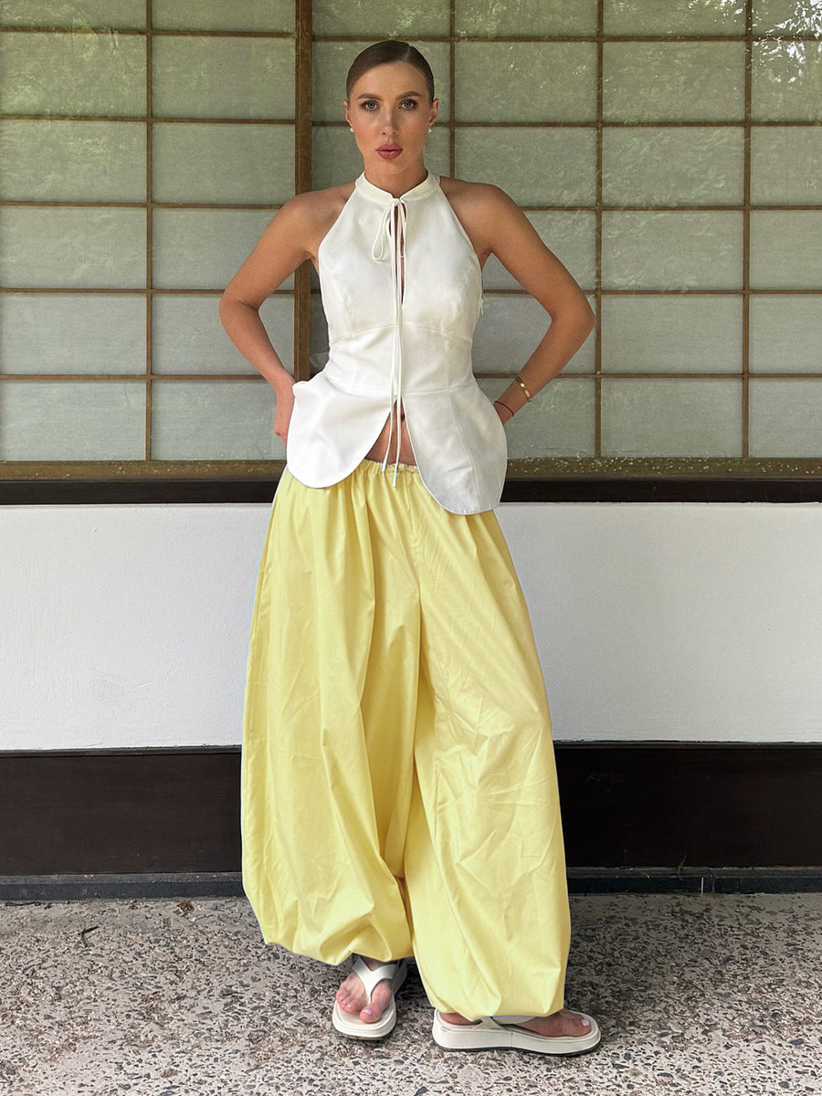 Cotton Balloon Lantern Pants in Yellow — front view on model