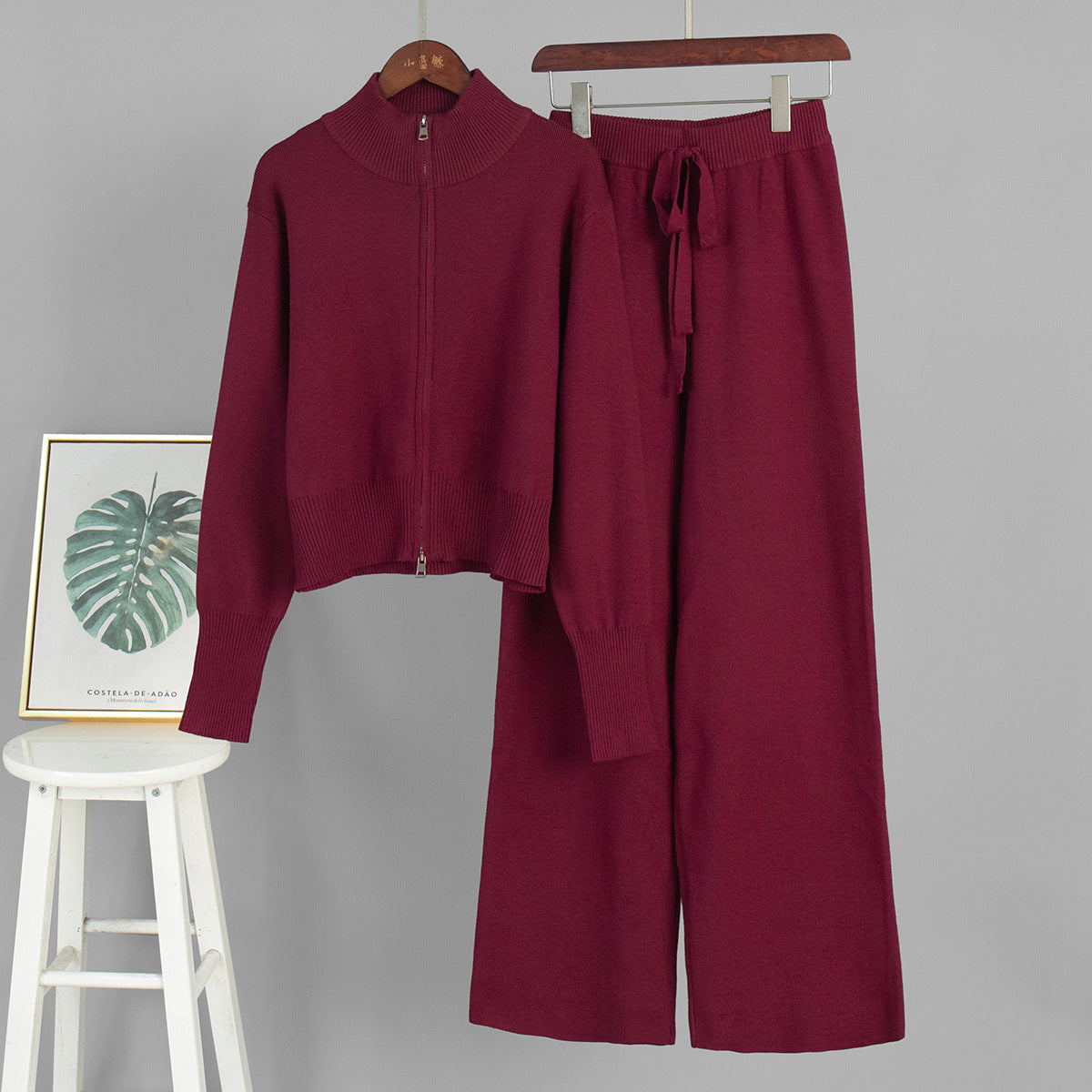 Knit Zip-Up Jacket & Wide-Leg Pants Two-Piece Set in Burgundy — front view