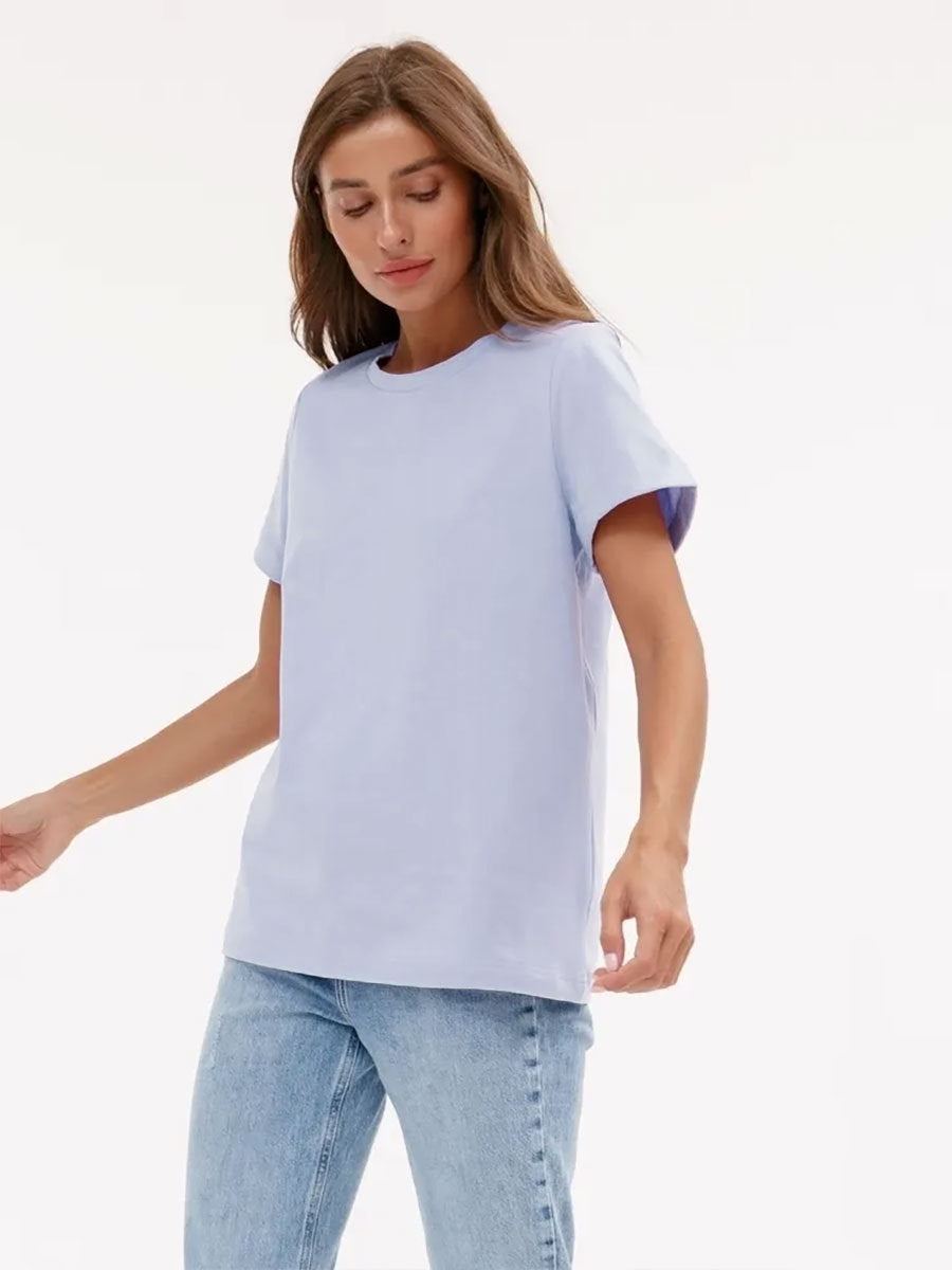 Everyday Cotton Short Sleeve Crew Tee in Lilac — front view on model