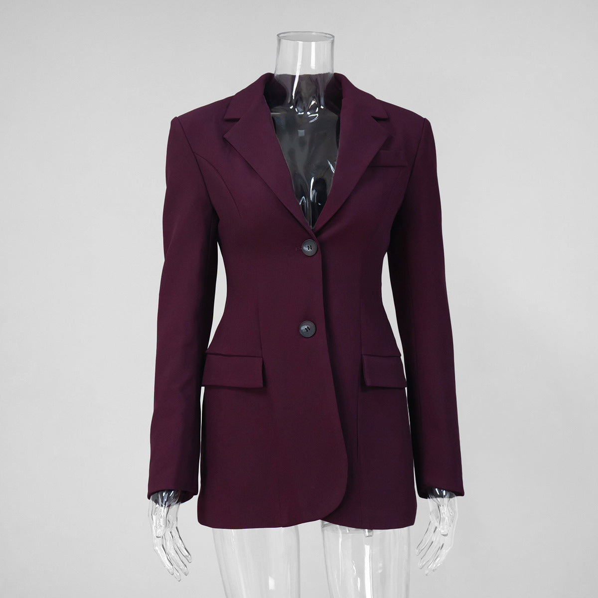 Tailored Two-Button Blazer with Cinched Waist in Burgundy — front view