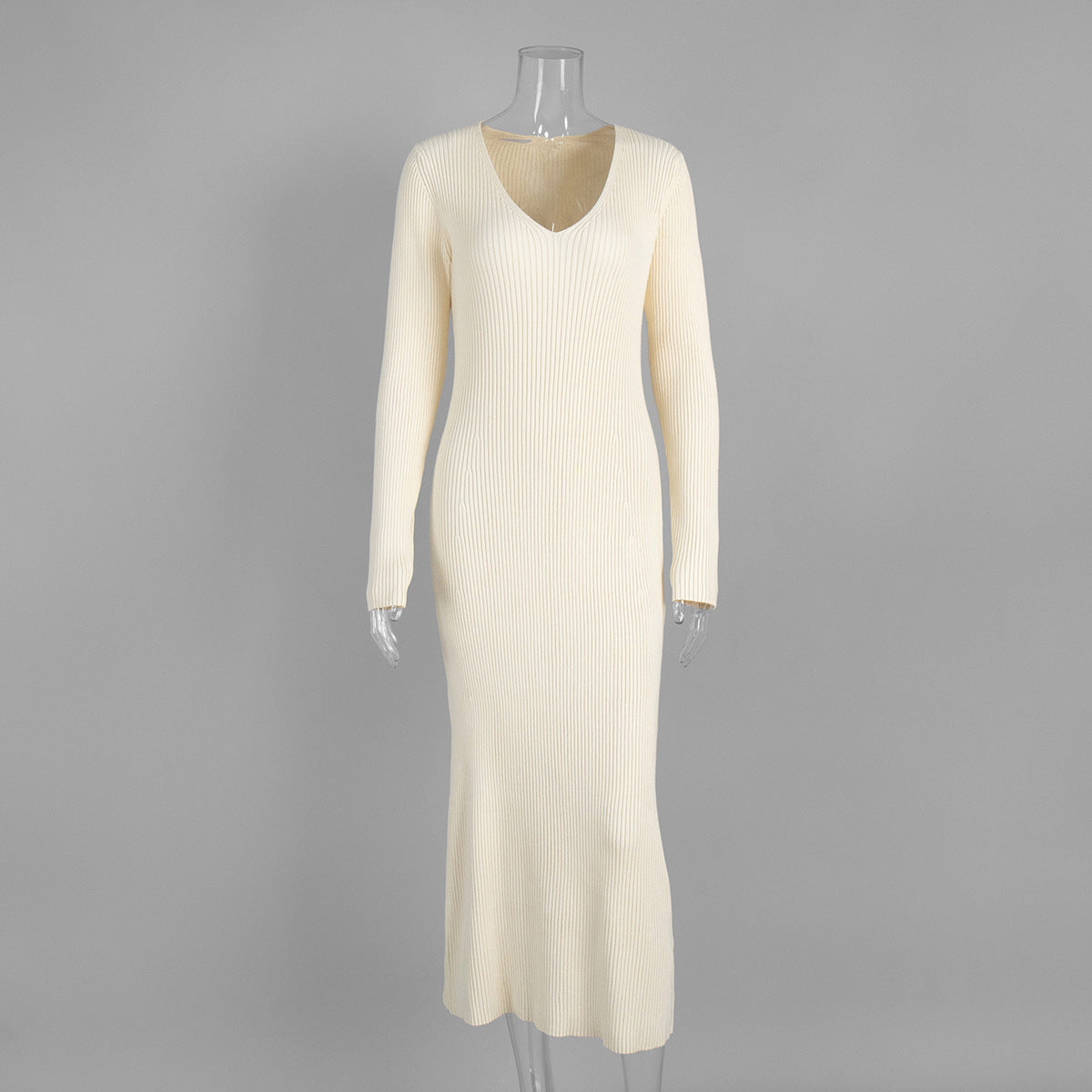 Ribbed Knit V-Neck Long Sleeve Maxi Dress in Cream — front view