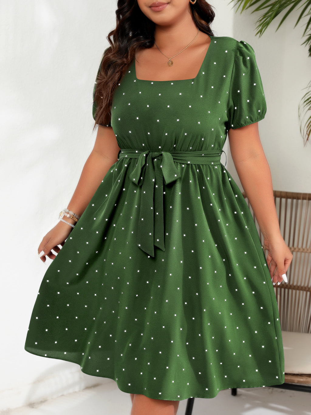 Plus-Size Polka Dot Square-Neck Midi Dress with Tie Waist in Green — front view on model