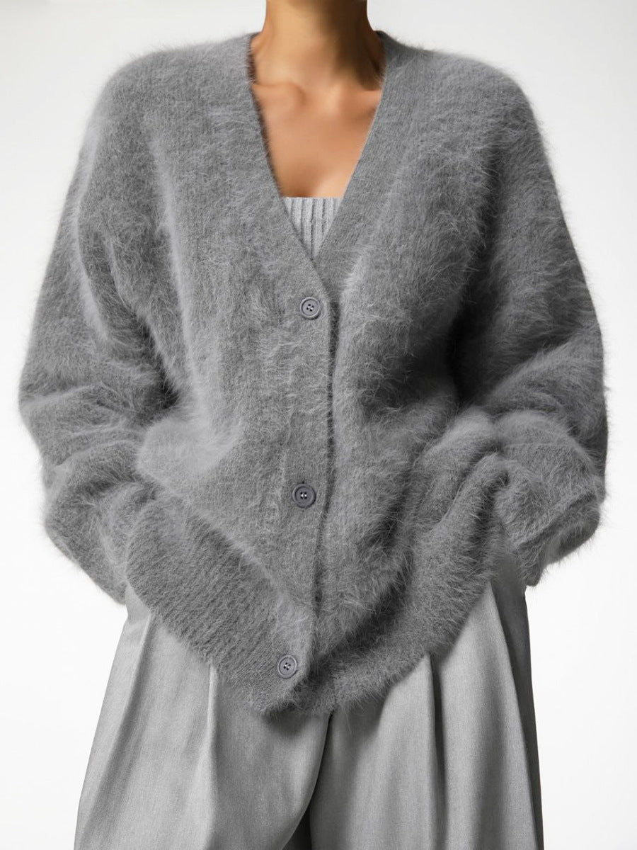 Fuzzy Knit Oversized V-Neck Cardigan in Dark Gray — front view on model