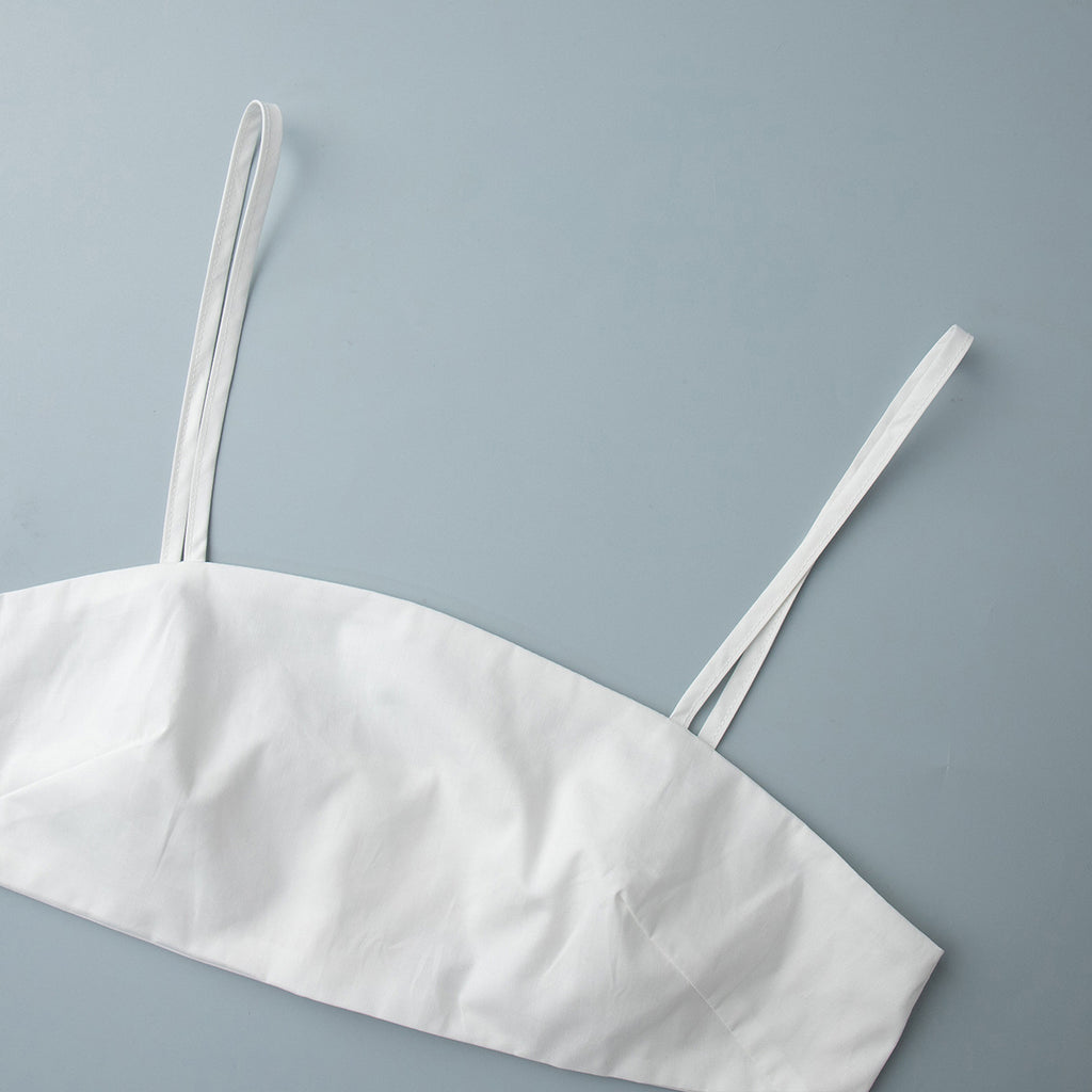 Cotton Crop Camisole & Gathered Maxi Skirt Set in White — close-up of the spaghetti straps