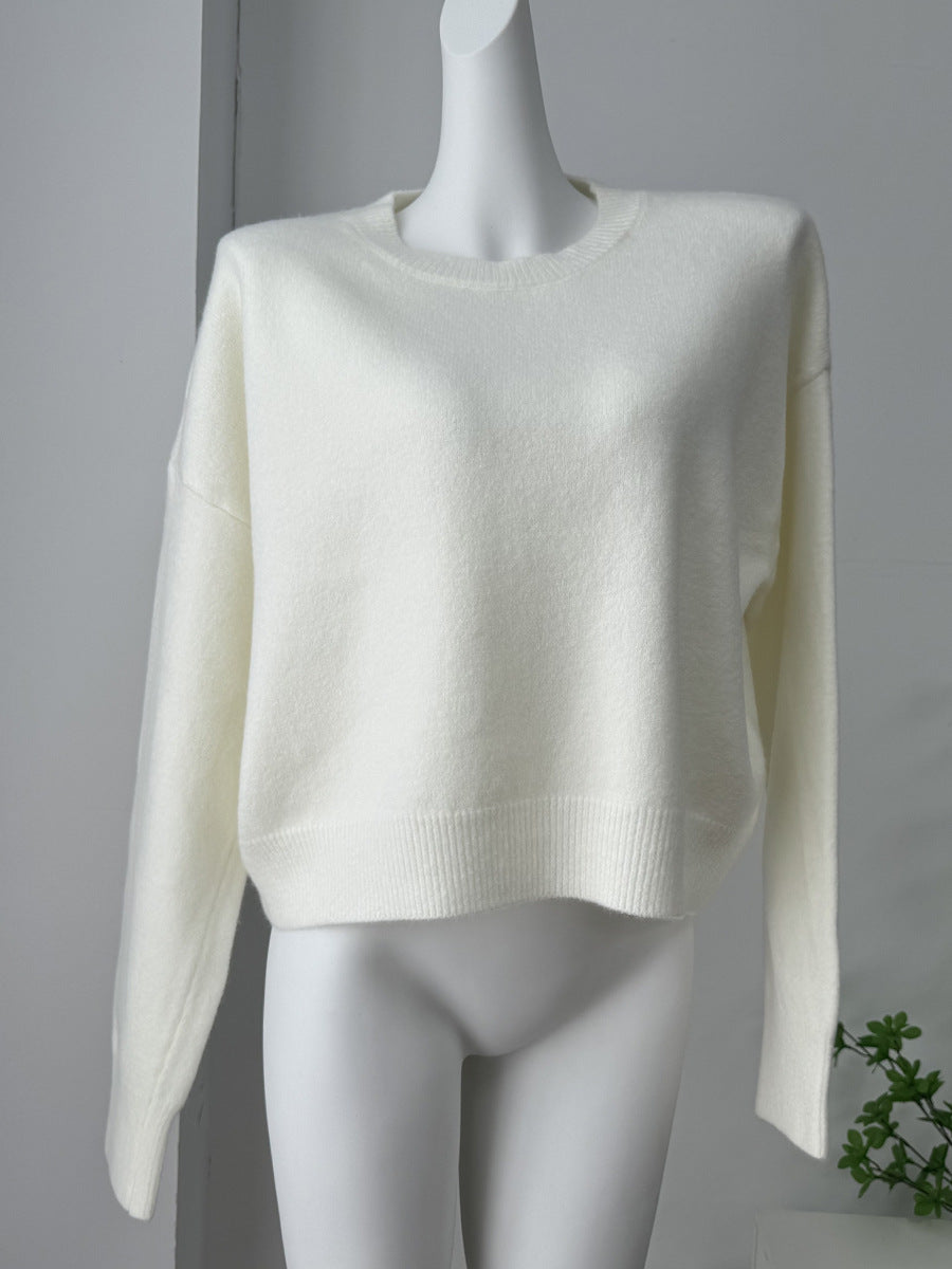 Boxy Crew Neck Sweater with Ribbed Edges in Ivory — front view on mannequin