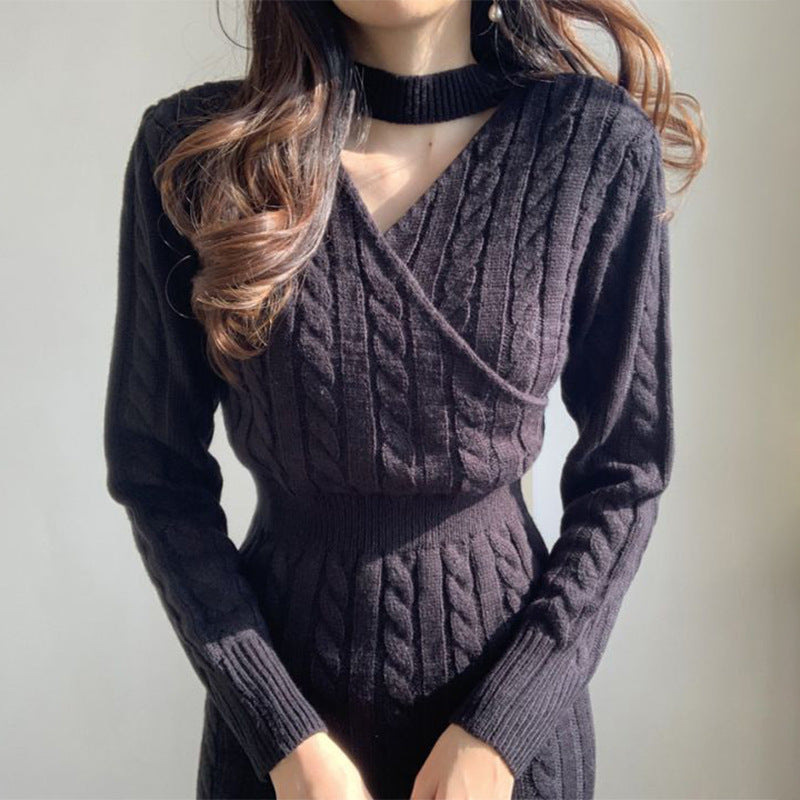 Two-Way Cable-Knit Midi Sweater Dress in Midnight — front view on model, V-neck side
