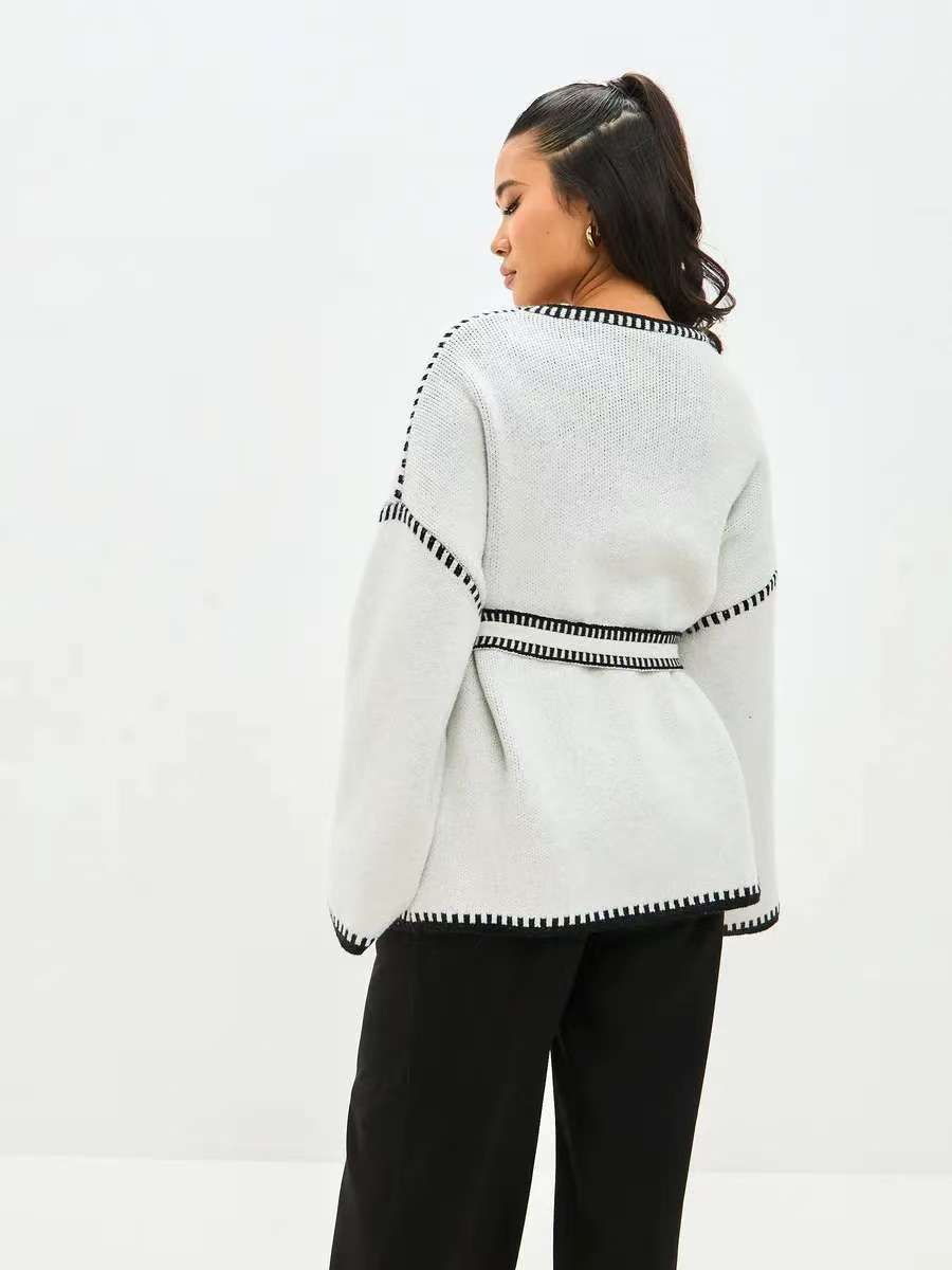 Contrast-Stitch Belted Cardigan in Ivory — back view
