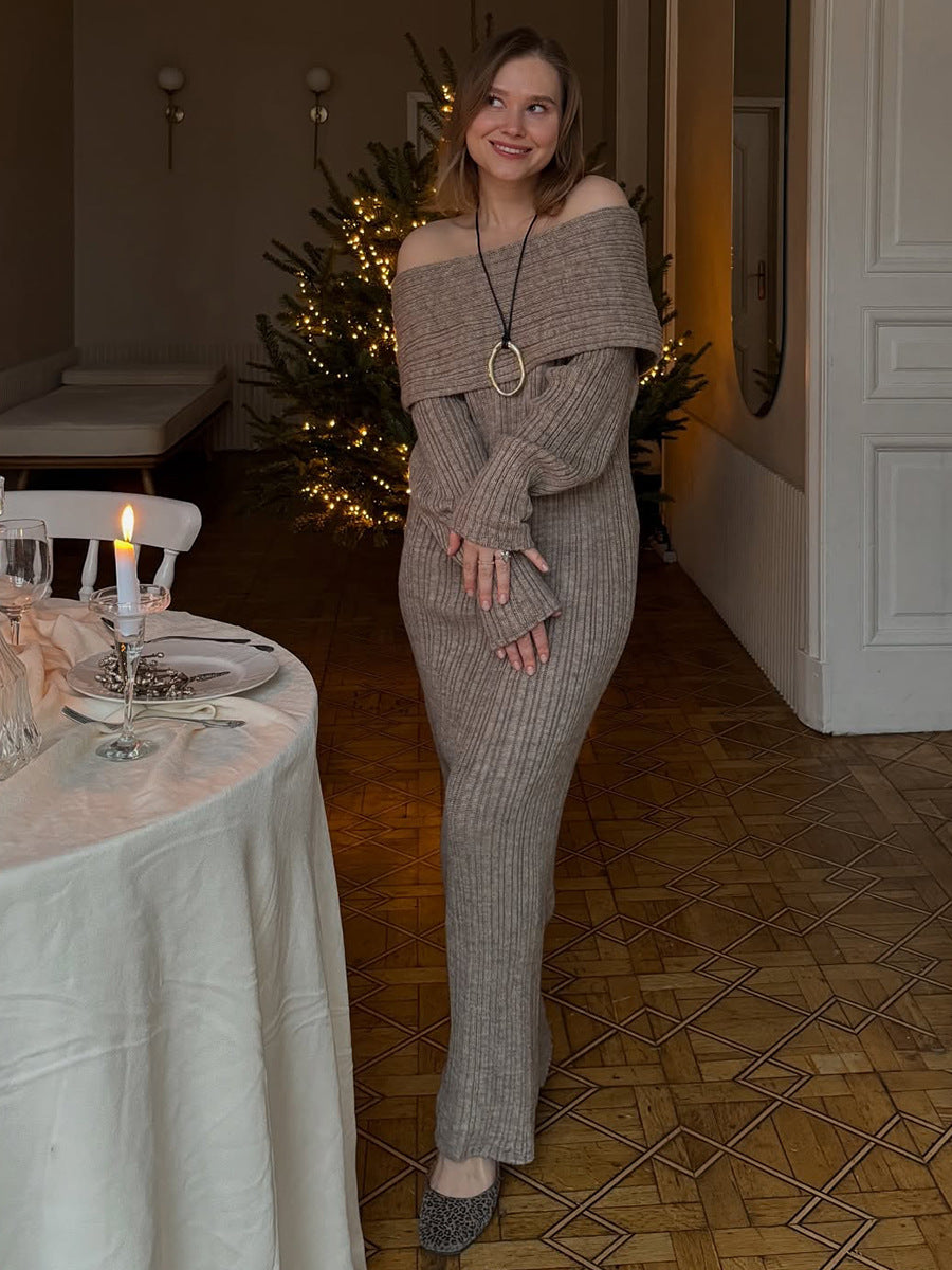 Off-Shoulder Fold-Over Collar Ribbed Knit Maxi Dress in Taupe — full-length view on model