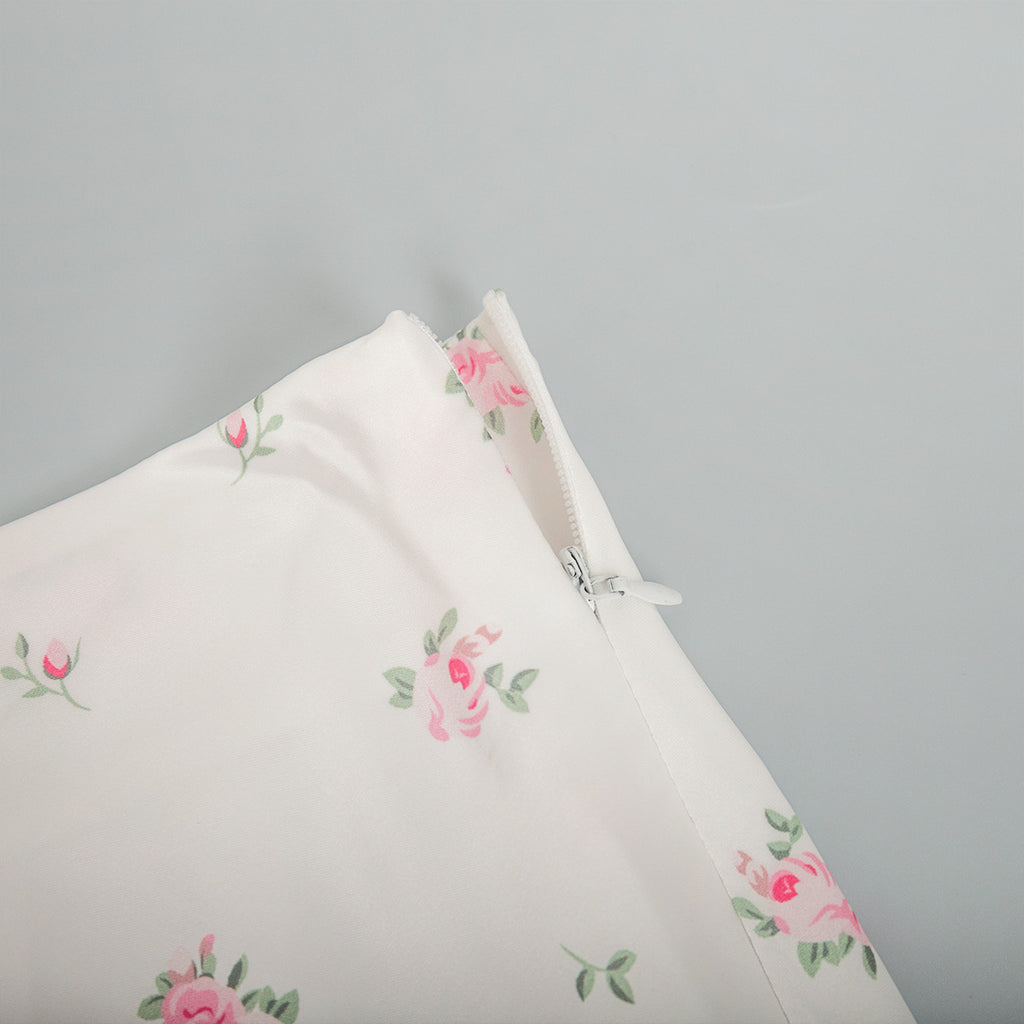 Floral Satin Maxi Skirt in White Floral — close-up of the waistband