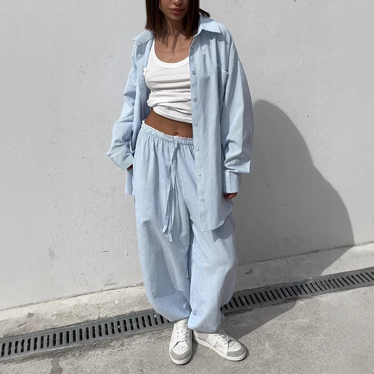 Pinstripe Cotton Shirt & Wide-Leg Pants Set in Light Blue — front view on model, shirt open