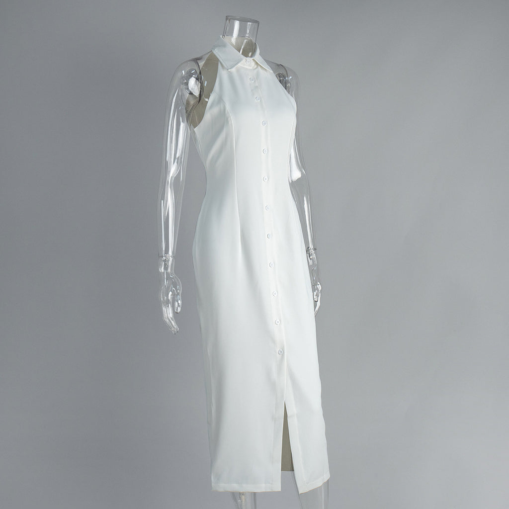Sleeveless Button-Front Collared Maxi Dress in White — side view on mannequin