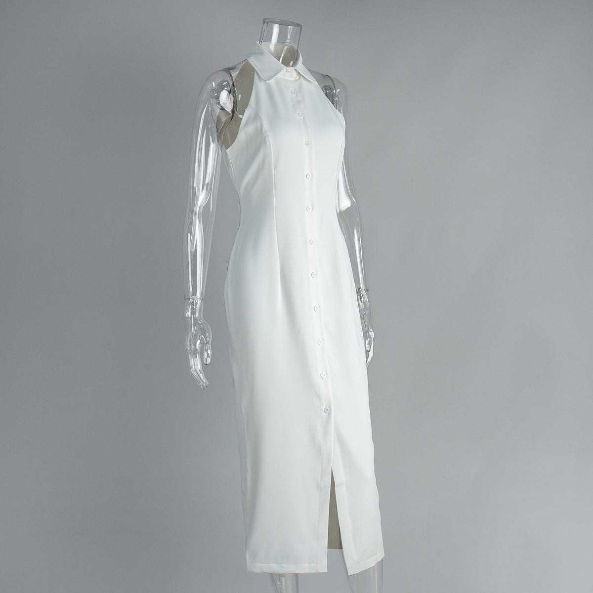Sleeveless Button-Front Collared Maxi Dress in White — side view on mannequin