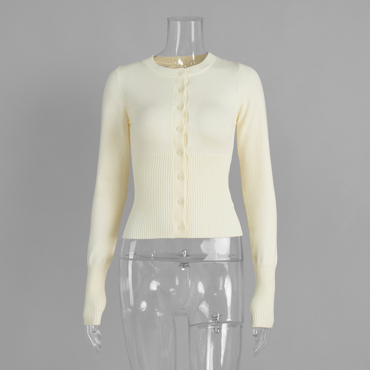 Fitted Cropped Ribbed Knit Cardigan in Cream — front view