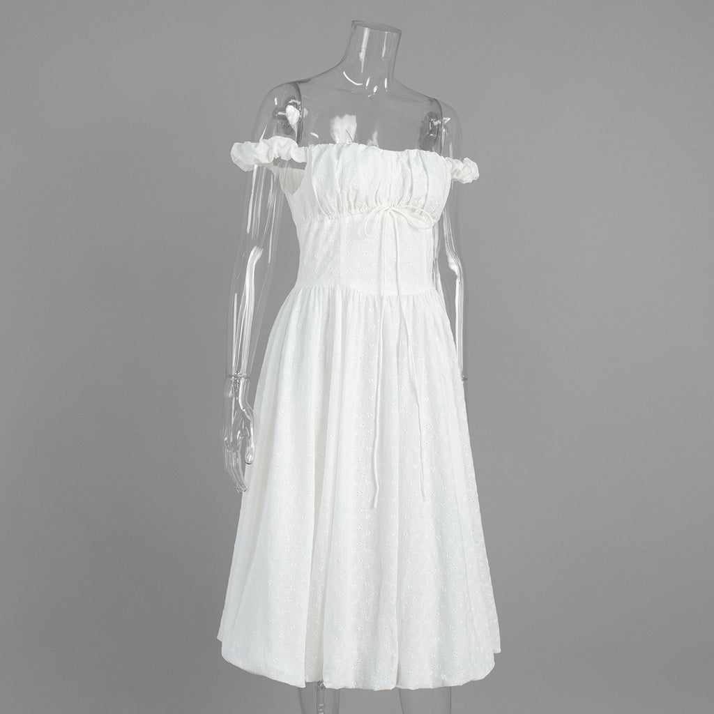 Eyelet Cotton Off-Shoulder Midi Dress in Ivory Eyelet — side on mannequin