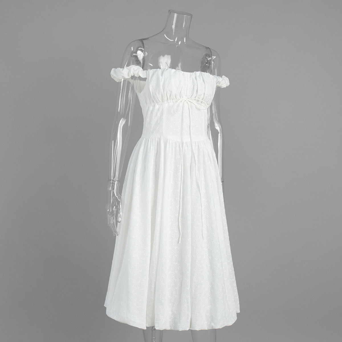 Eyelet Cotton Off-Shoulder Midi Dress in Ivory Eyelet — side on mannequin