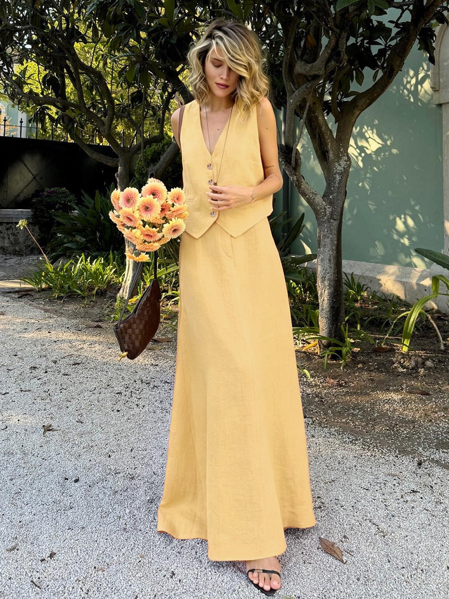 Linen Vest & Maxi Skirt Set in Pale Yellow — front view on model