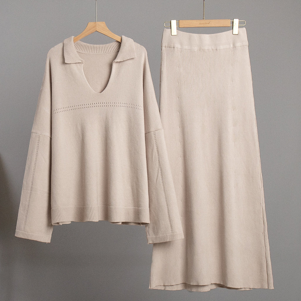 Oversized Collared V-Neck Sweater & Knit Maxi Skirt Set in Oat — set on hanger