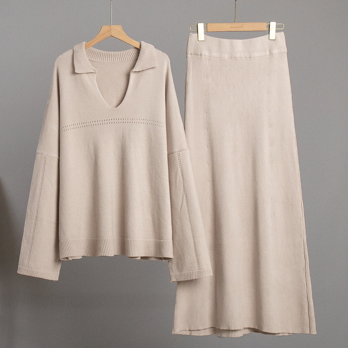 Oversized Collared V-Neck Sweater & Knit Maxi Skirt Set in Oat — set on hanger