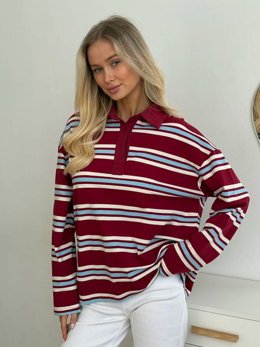 Relaxed Striped Long Sleeve Polo Shirt in Red Stripe — front view on model