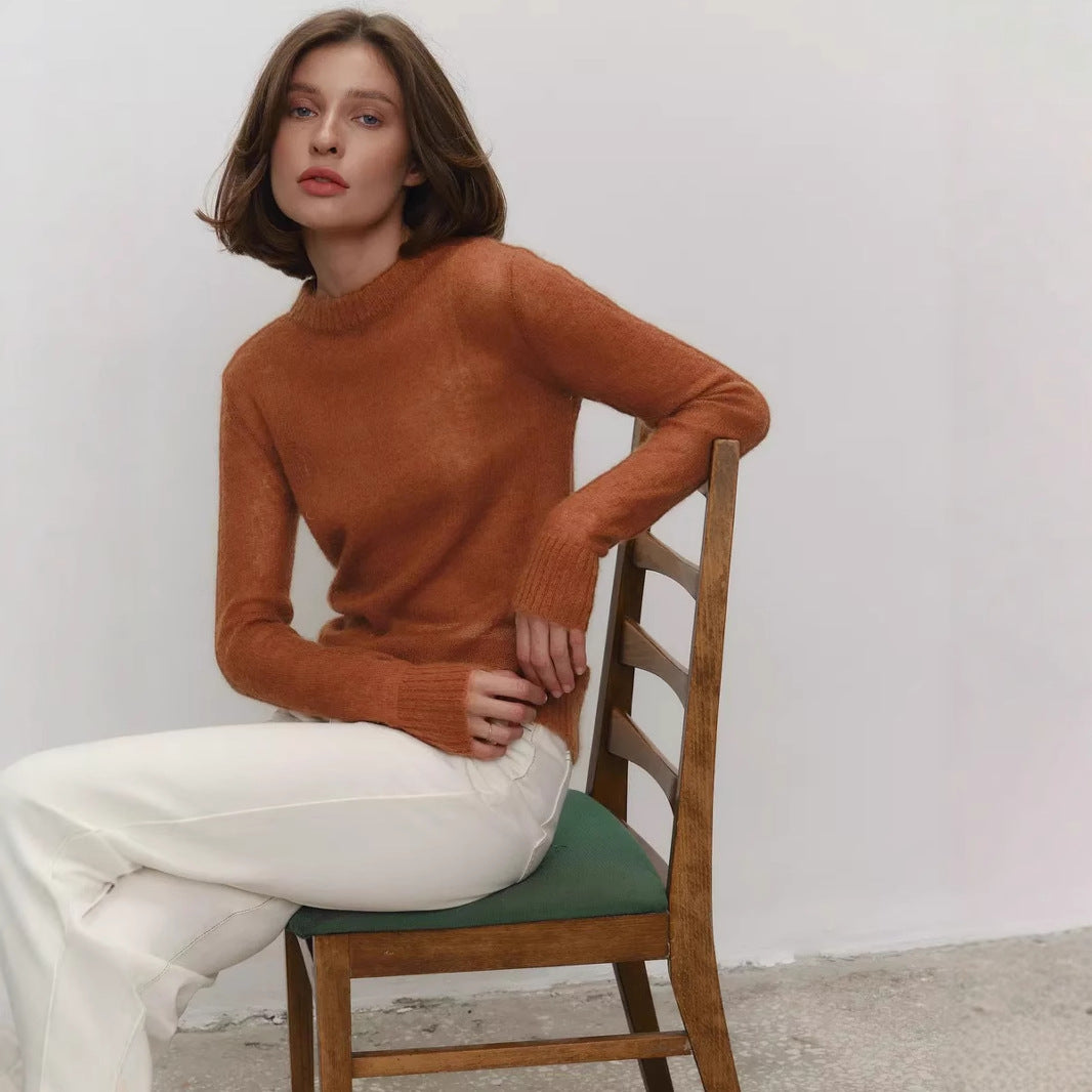 Soft Mohair-Blend Crew Neck Sweater in Terracotta — seated on model