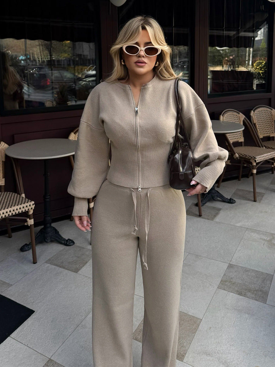 Zip-Front Balloon-Sleeve Knit Top & Drawstring Wide-Leg Pants Set in Oat — full-length front view on model