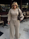 Zip-Front Balloon-Sleeve Knit Top & Drawstring Wide-Leg Pants Set in Oat — full-length front view on model