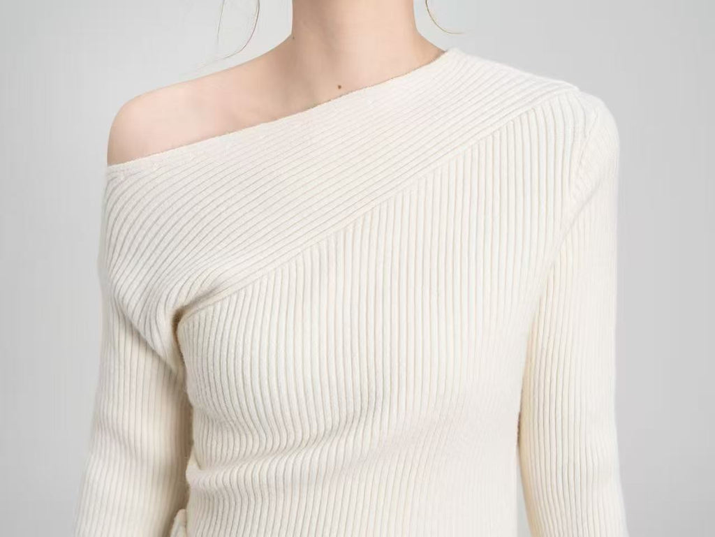 Asymmetric Off-Shoulder Rib-Knit Top & Wide-Leg Pants Set in Cream — close-up of the asymmetric neckline