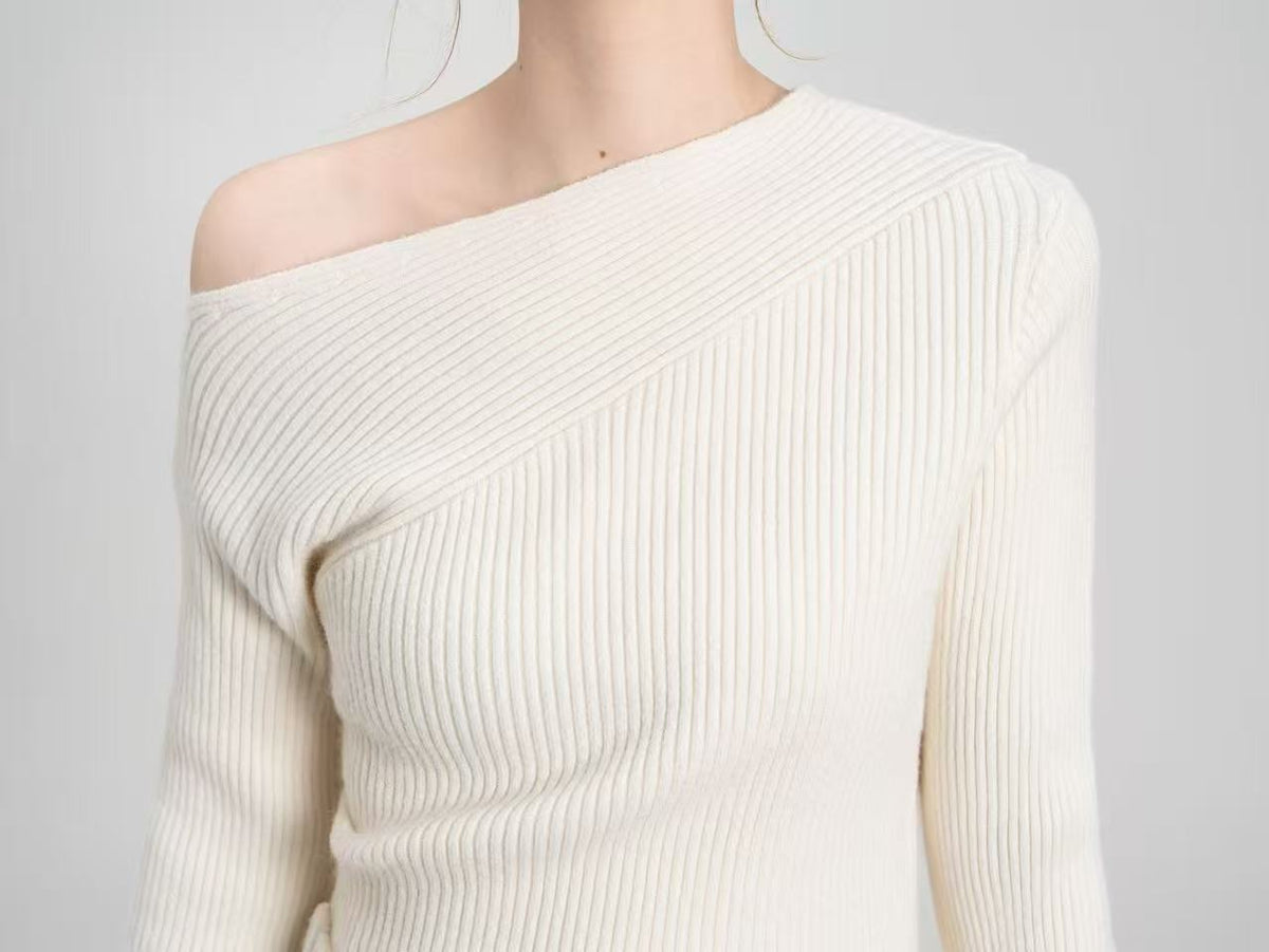 Asymmetric Off-Shoulder Rib-Knit Top & Wide-Leg Pants Set in Cream — close-up of the asymmetric neckline