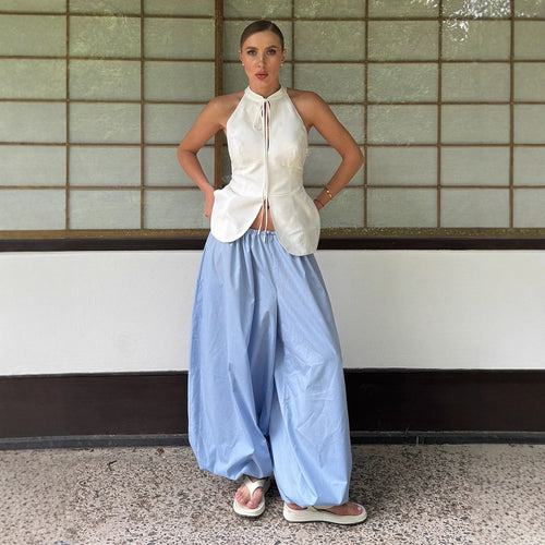 Cotton Balloon Lantern Pants in Sky Blue — front view on model