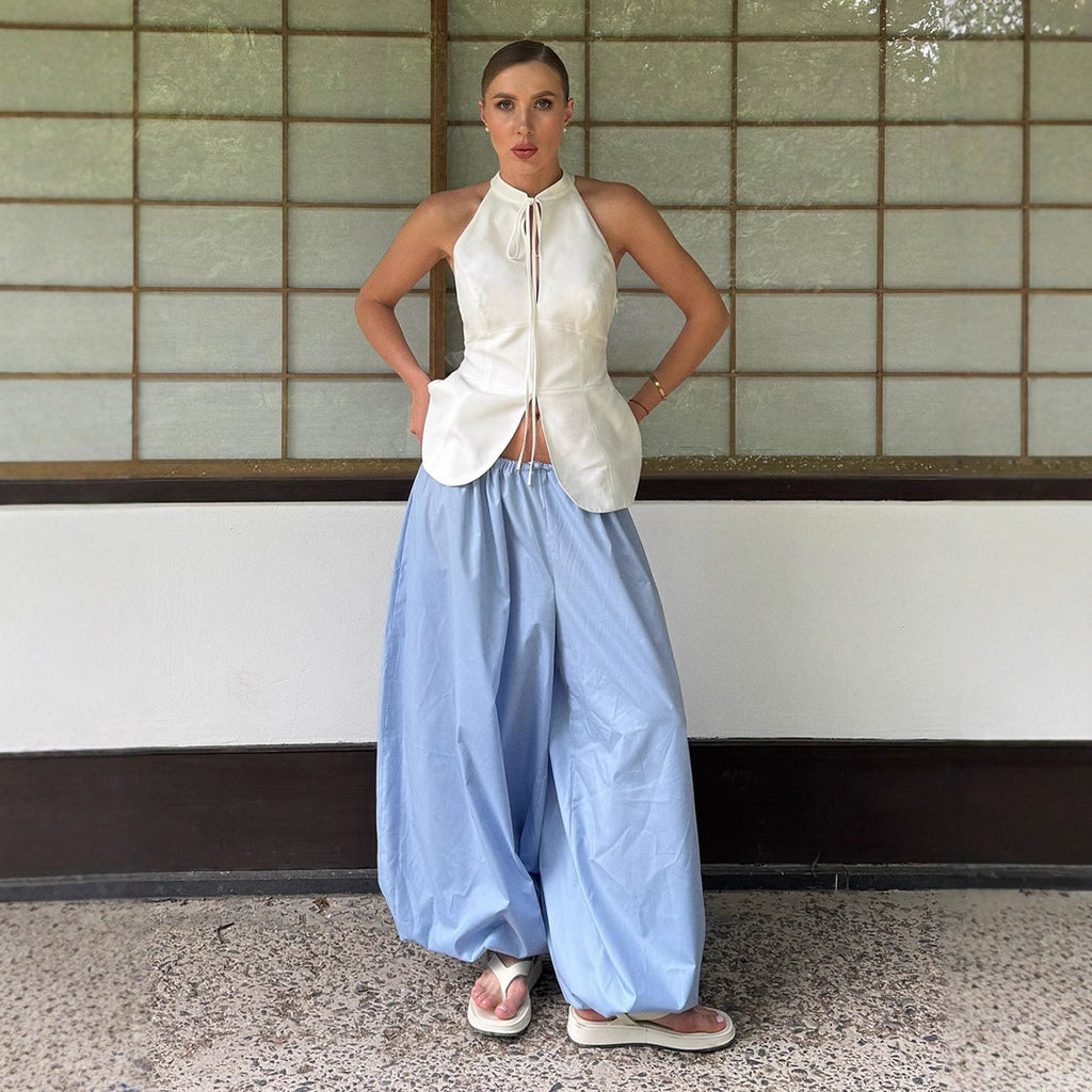 Cotton Balloon Lantern Pants in Sky Blue — front view on model