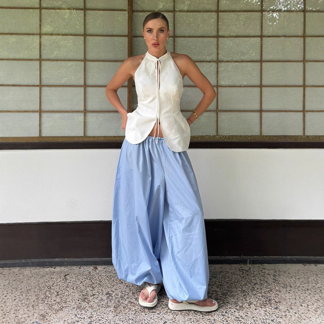 Cotton Balloon Lantern Pants in Sky Blue — front view on model