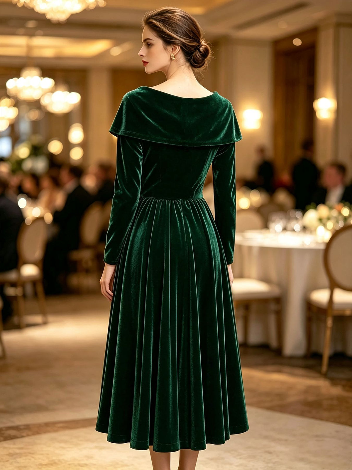 Velvet Midi Dress with Portrait Collar and Rhinestone Brooch in Emerald — back view on model