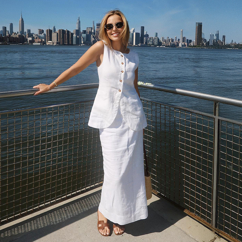 Linen-Blend Vest & Column Maxi Skirt Set in White — front view on model, waterfront