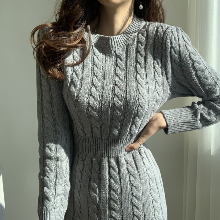 Two-Way Cable-Knit Midi Sweater Dress in Blue Gray — round-neck side worn in front
