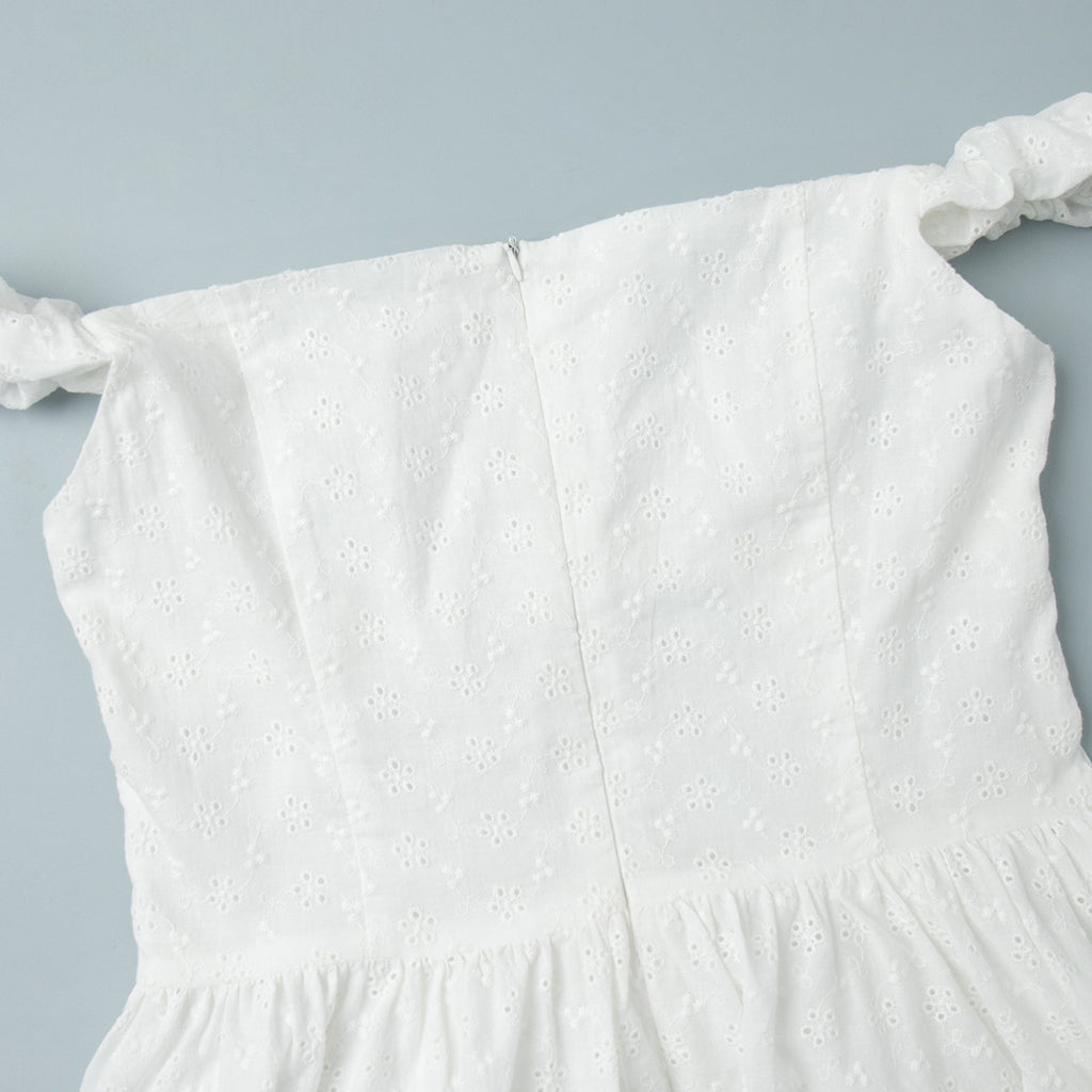 Eyelet Cotton Off-Shoulder Midi Dress in Ivory Eyelet — close-up of bodice seams