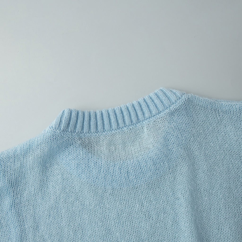 Soft Mohair-Blend Crew Neck Sweater in Light Blue — close-up of crew neck