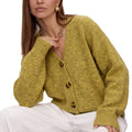 Fuzzy Wool-Blend V-Neck Button Cardigan in Chartreuse — front view on model