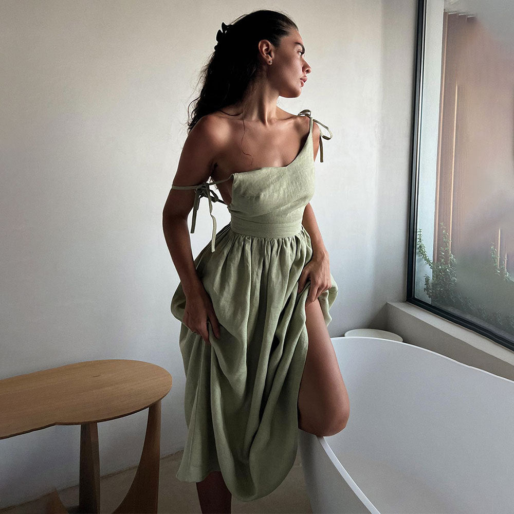 Tie-Shoulder Open-Back Cotton Maxi Dress in Sage Green — front view on model