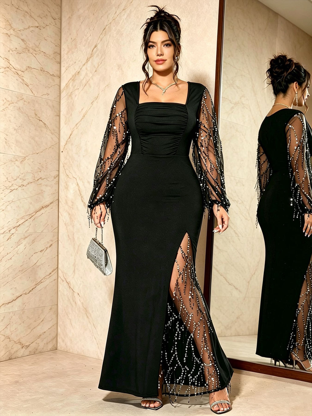 Plus-Size Mermaid Maxi Gown with Sequin-Fringe Mesh Sleeves in Black — full-length front view on model