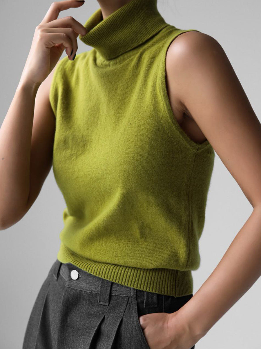 Sleeveless Turtleneck Knit Top & Cardigan Twin Set in Olive Green (Top Only) — front view