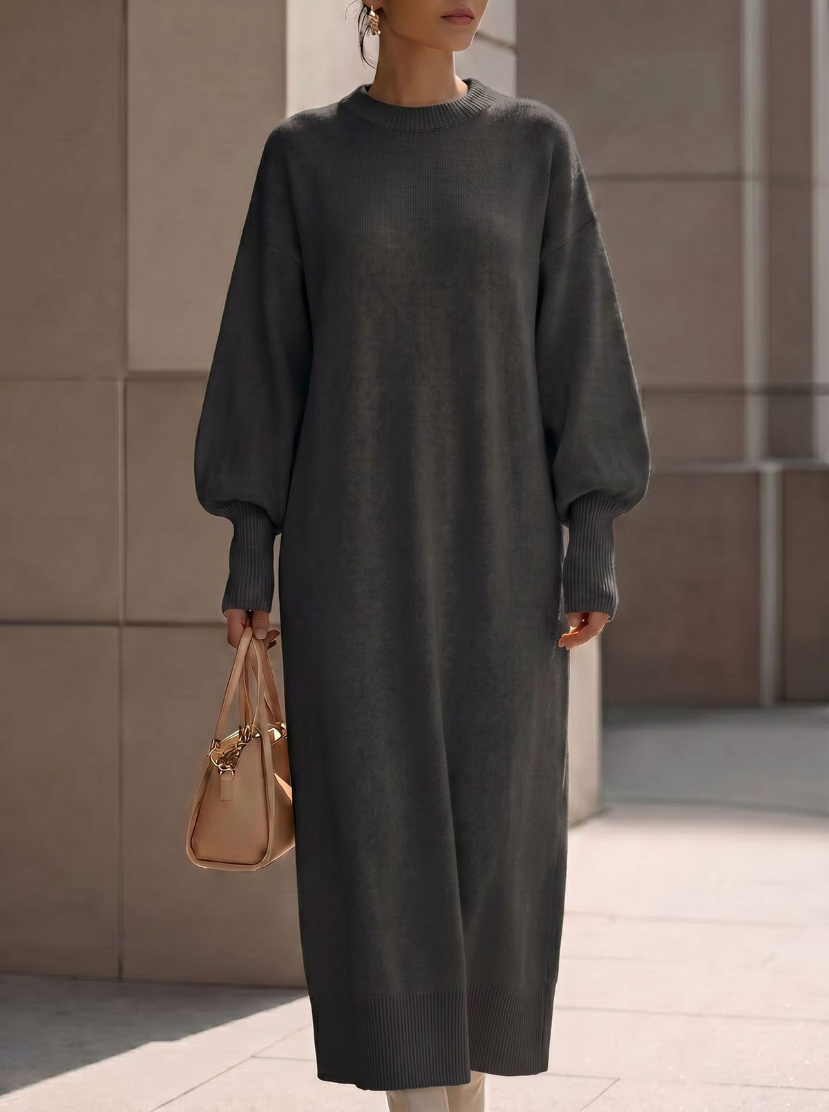 Balloon-Sleeve Knit Maxi Sweater Dress in Black — full-length view on model