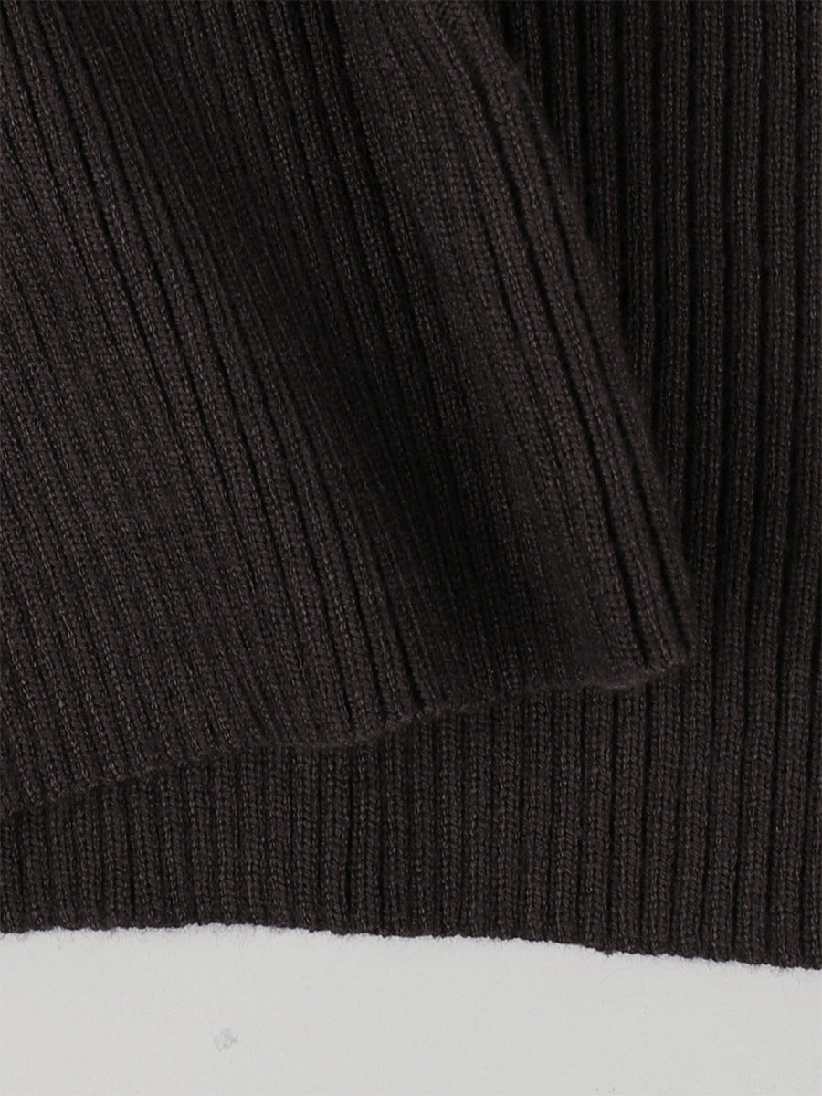 Zip-Front Balloon-Sleeve Knit Top & Drawstring Wide-Leg Pants Set in Chocolate — close-up of the ribbed waist band