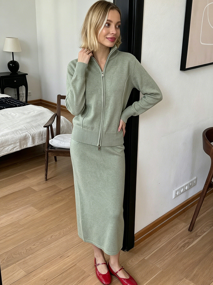 Stand Collar Zip-Up Knit Cardigan & Midi Skirt Set in Sage Green — full-length view on model