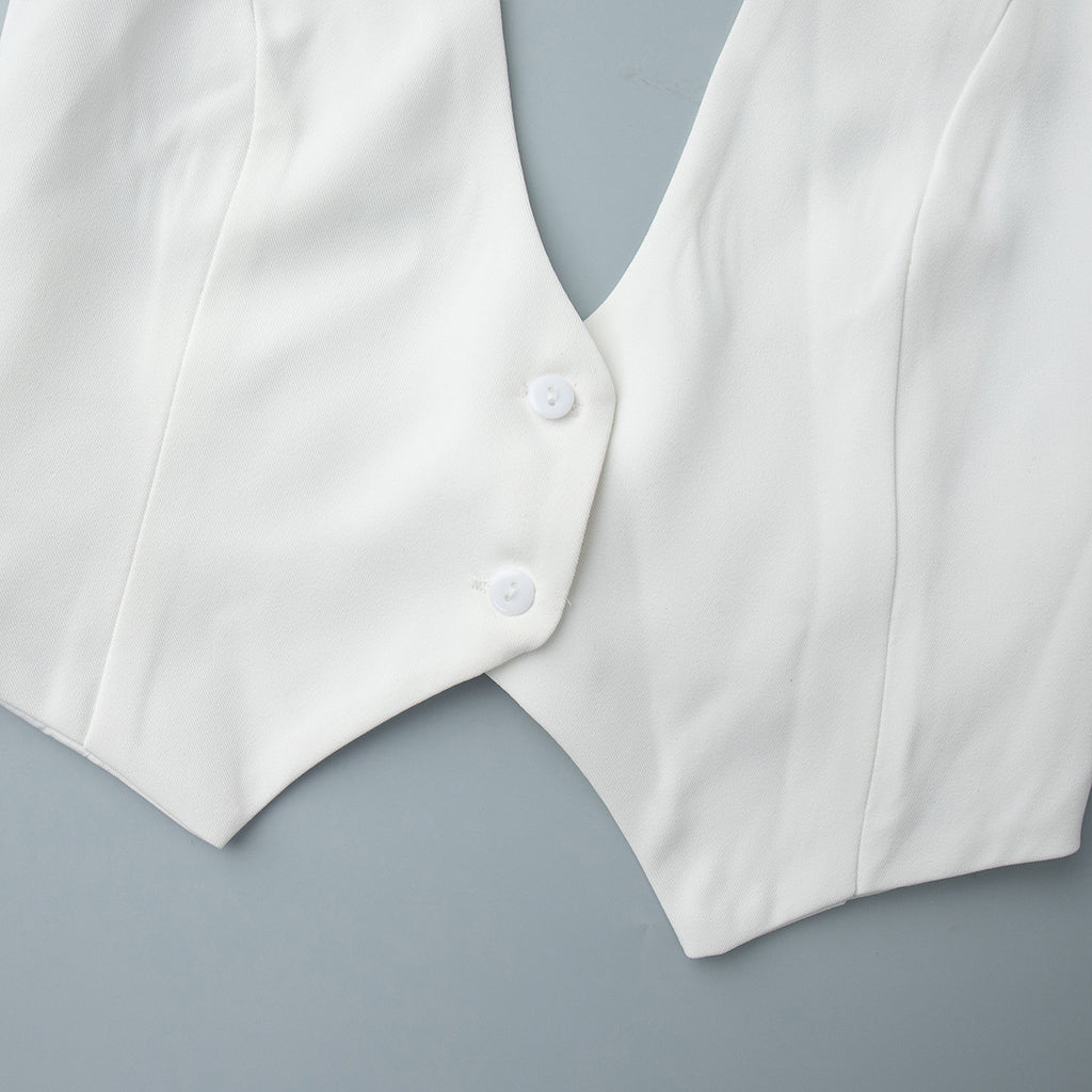 Open-Back Halter Crop Vest in White — close-up of the back wrap straps
