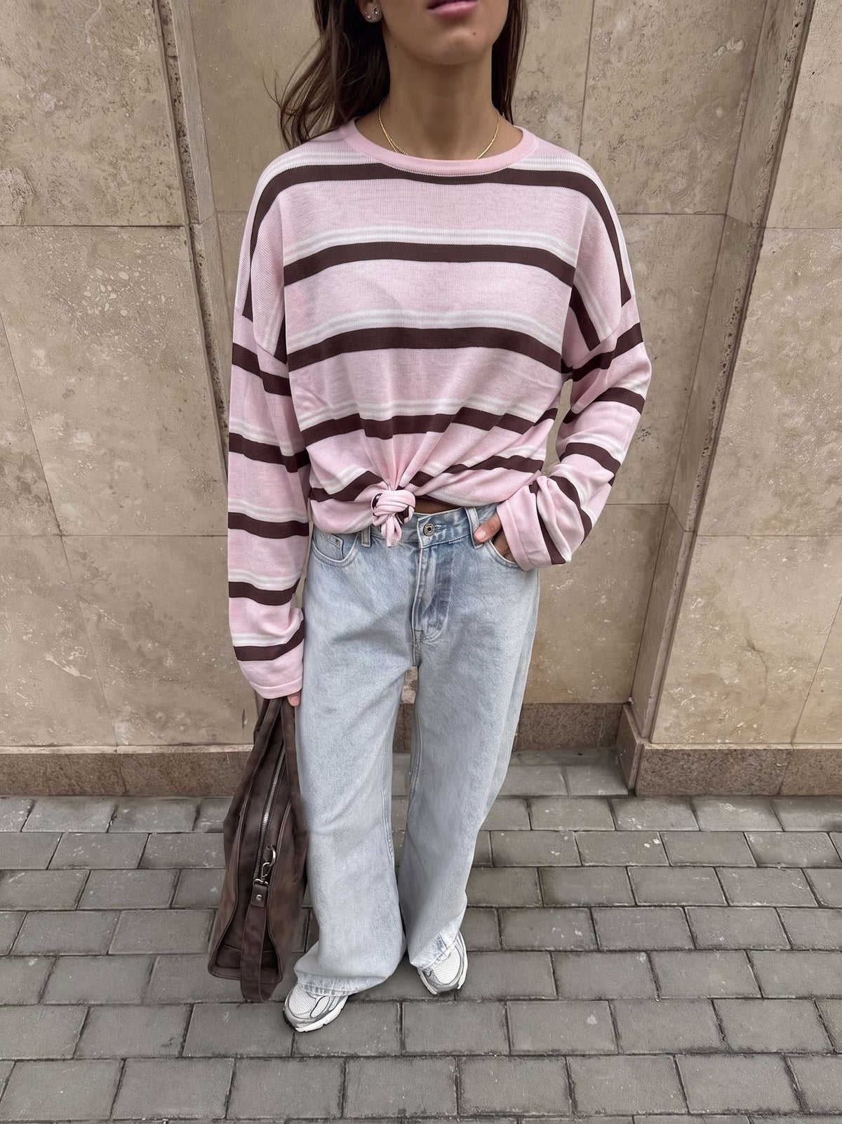 Relaxed Striped Long Sleeve Knit Top in Pink Stripe — front view on model or garment