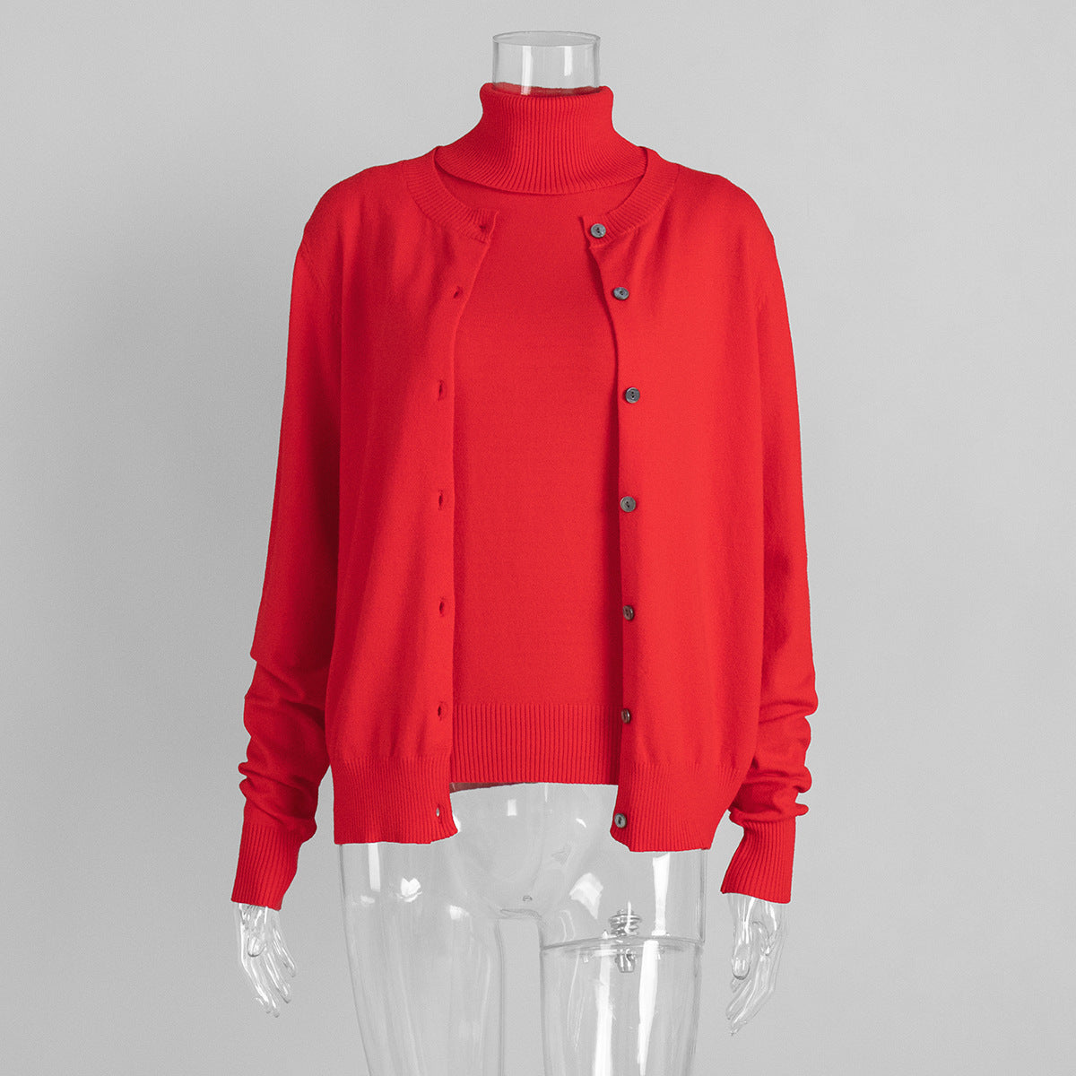 Sleeveless Turtleneck Knit Top & Cardigan Twin Set in Red (Set (Top + Cardigan)) — front view
