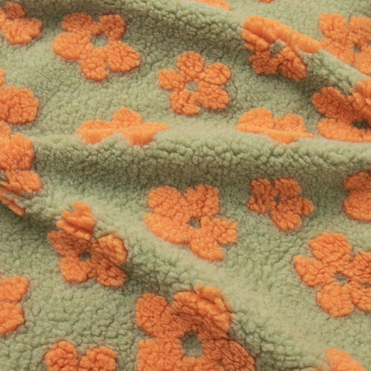 Floral Sherpa Fleece Button Vest with Pockets in Sage & Orange Floral — sherpa fleece close-up
