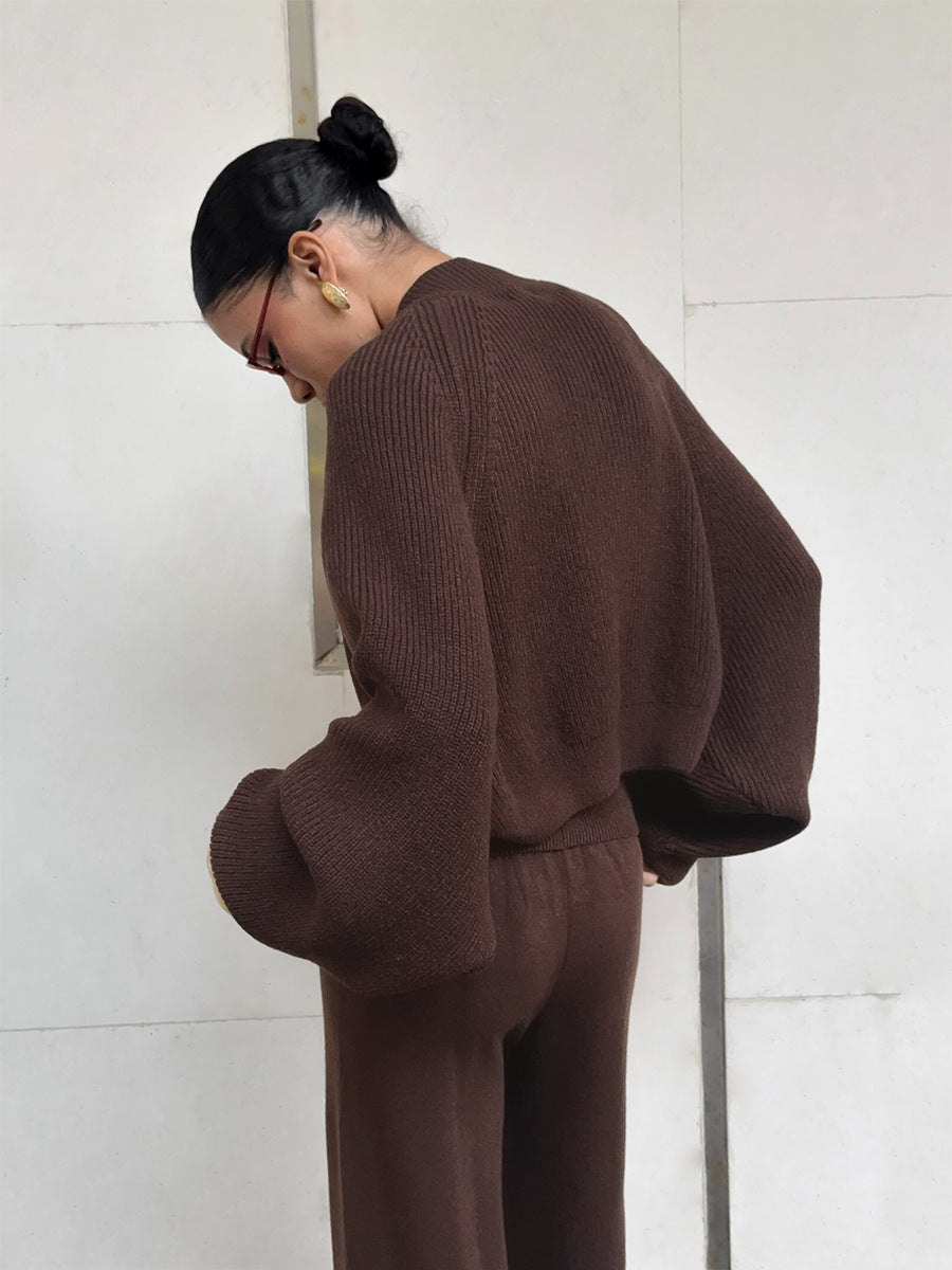 Three-Piece Knit Set: Cropped Tank, Balloon-Sleeve Shrug & Wide-Leg Pants in Chocolate — side view showing the balloon sleeves