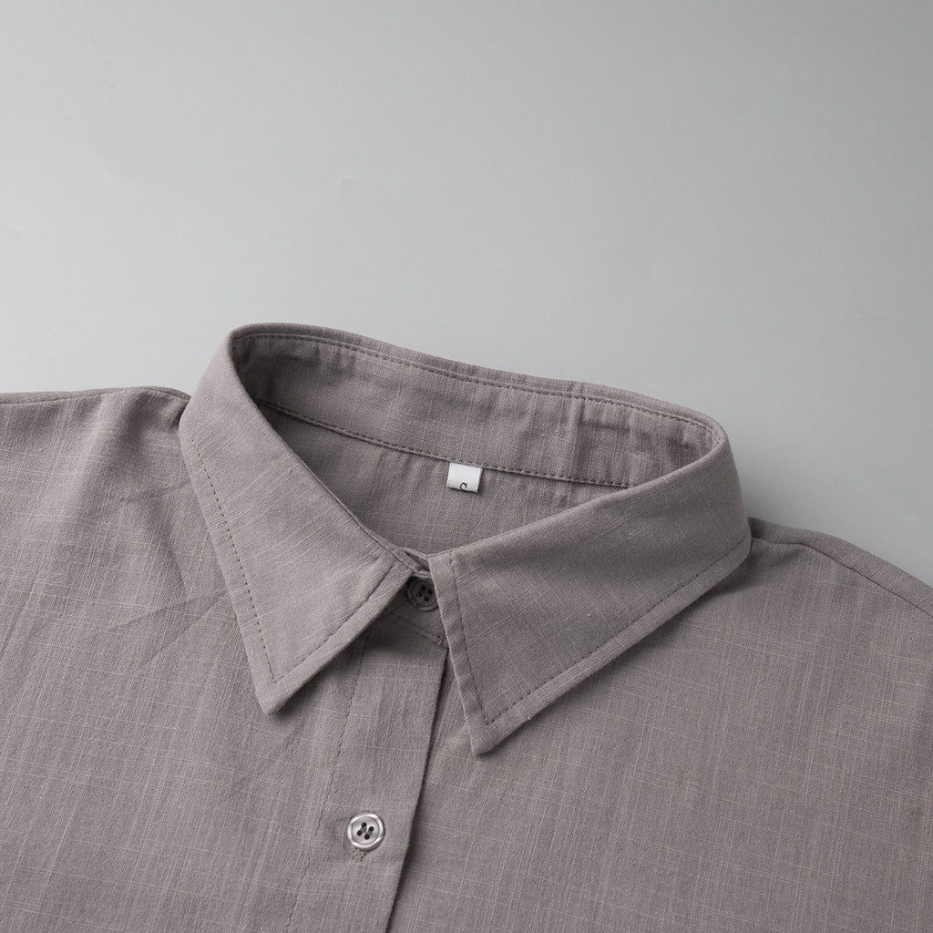 Oversized Cotton Shirt & Elastic-Waist Shorts Set in Taupe — close-up of the pointed collar